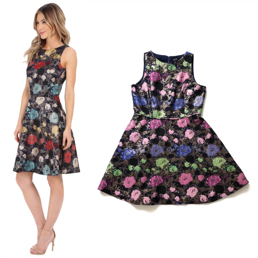 Tahari Jacquard Floral Metallic Fit + Flare Dress - Picture 1 of 11